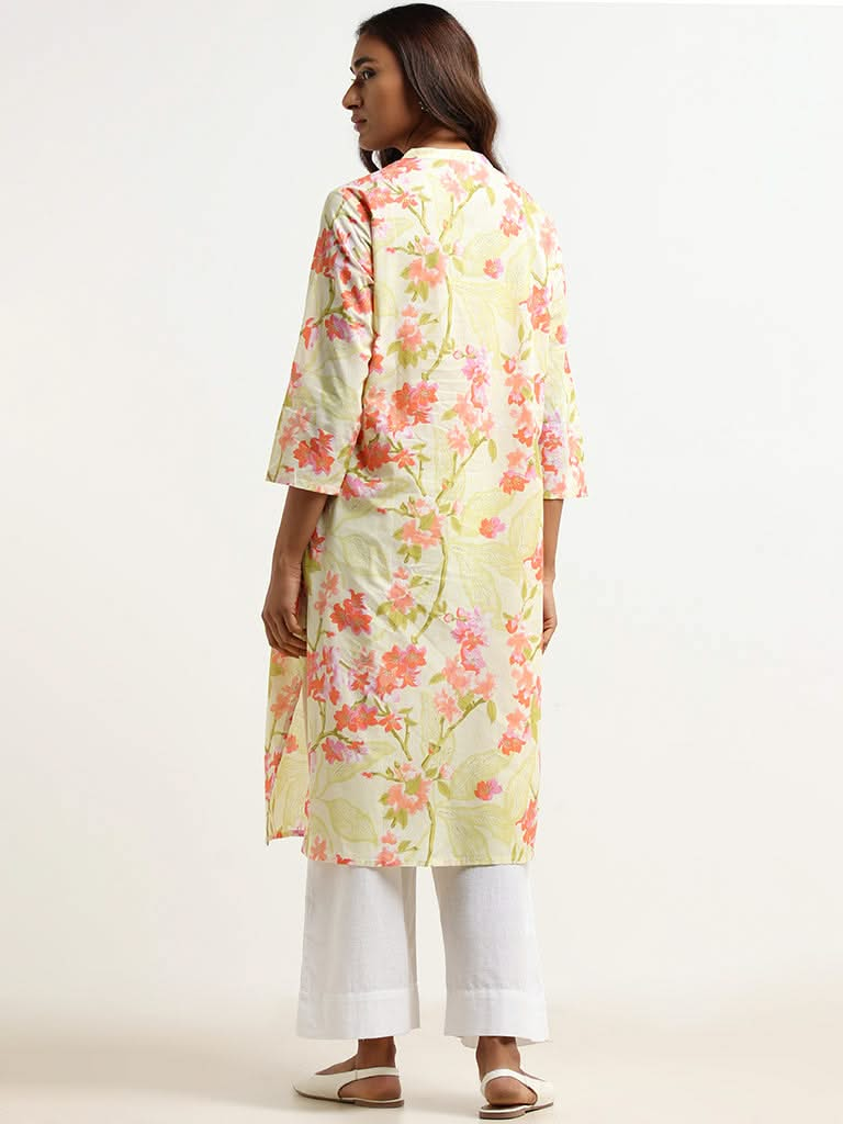 Utsa Yellow Floral Cotton Kurta