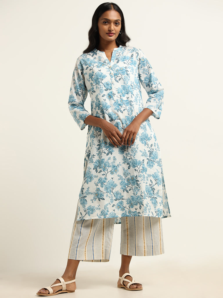 Utsa Light Blue Floral Cotton Kurta