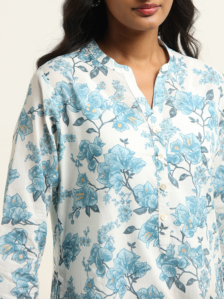 Utsa Light Blue Floral Cotton Kurta