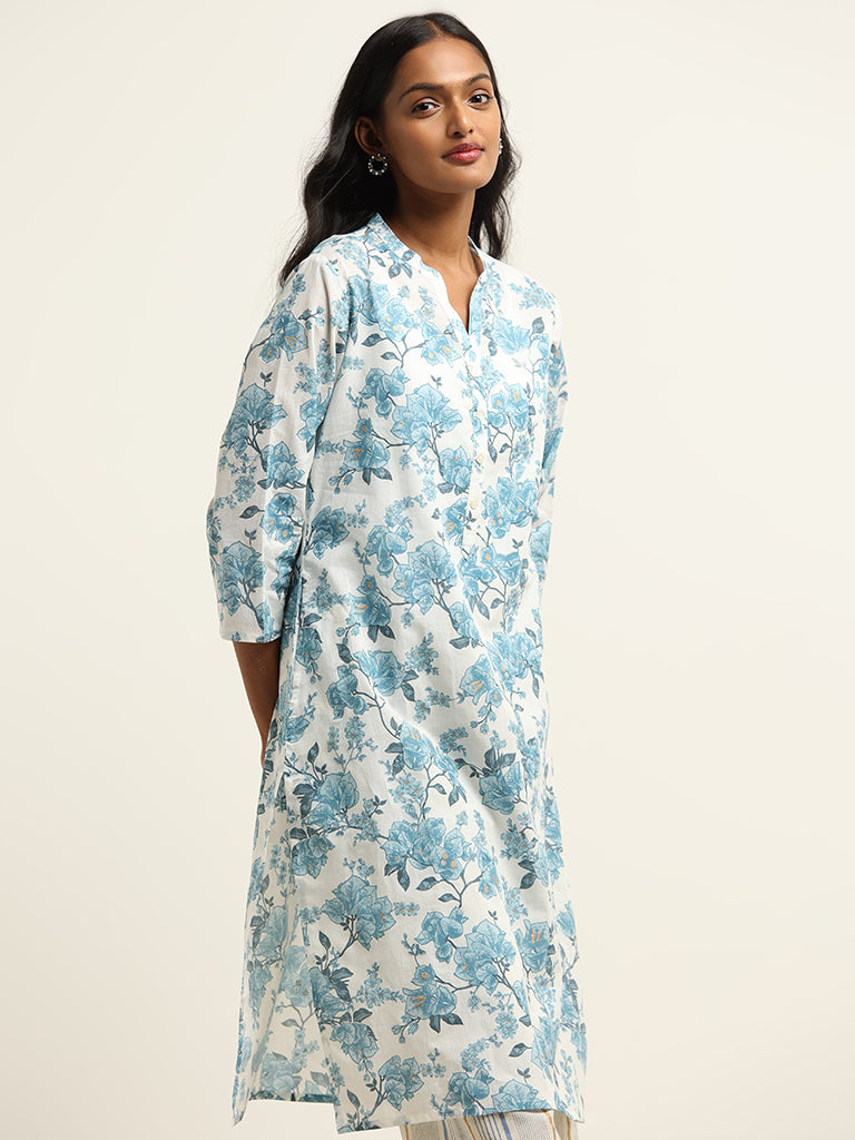 Utsa Light Blue Floral Cotton Kurta