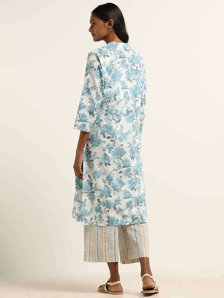 Utsa Light Blue Floral Cotton Kurta