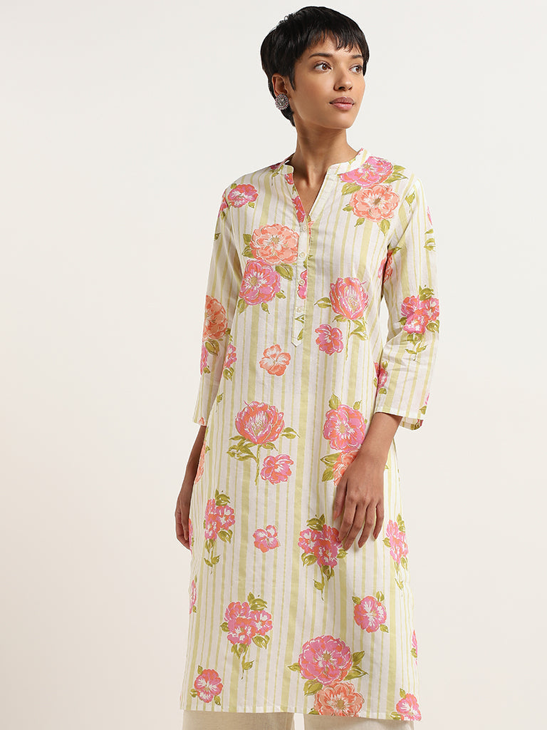 Utsa Lime Printed Cotton Kurta