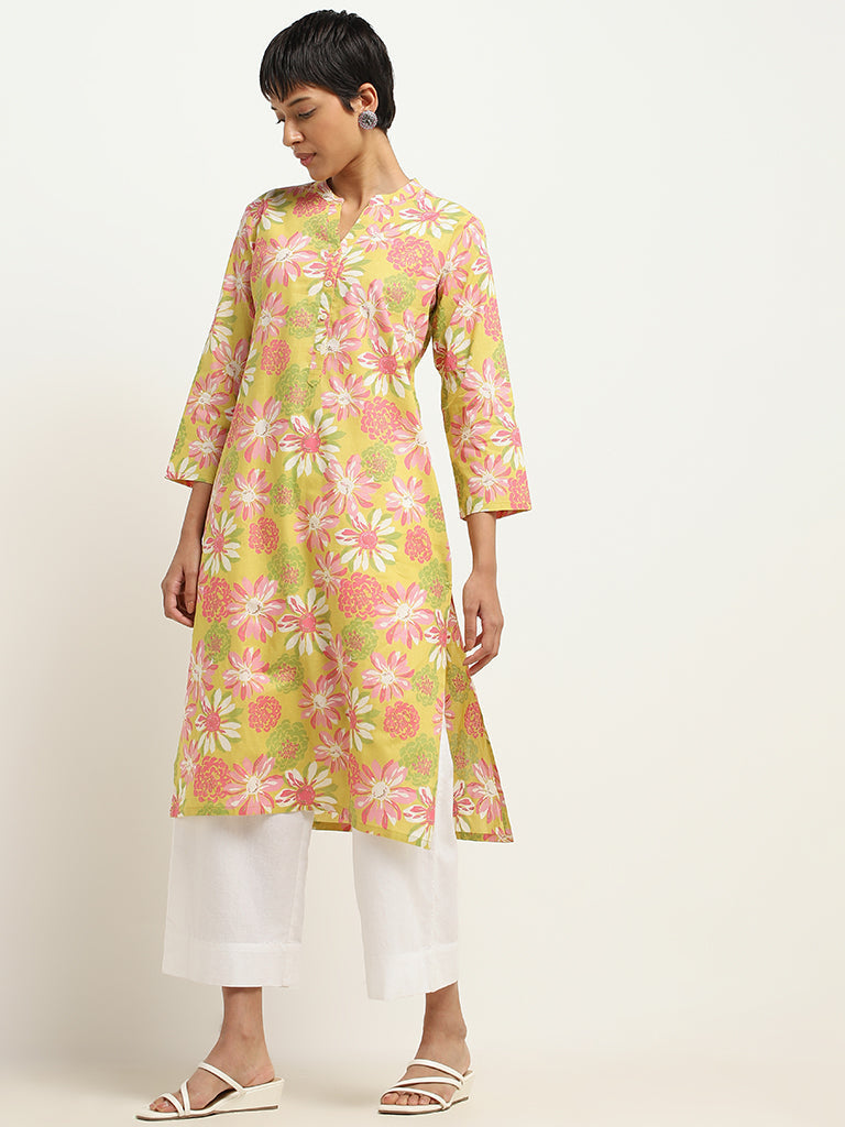 Utsa Green Floral Print Cotton Kurta