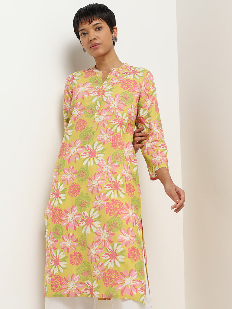 Utsa Green Floral Print Cotton Kurta