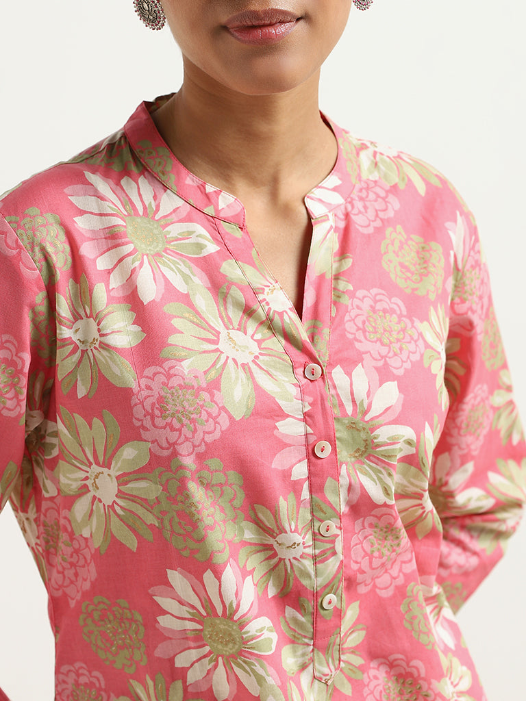 Utsa Pink Floral Print Cotton Kurta