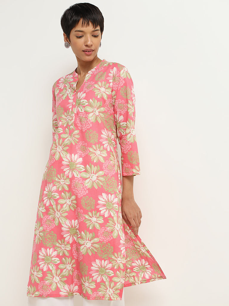 Utsa Pink Floral Print Cotton Kurta