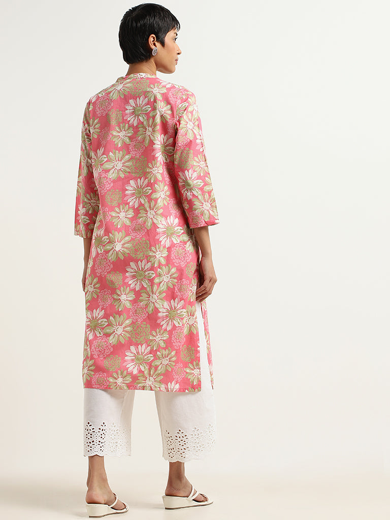 Utsa Pink Floral Print Cotton Kurta