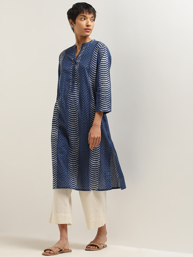 Utsa Indigo Chevron Printed Cotton Kurta