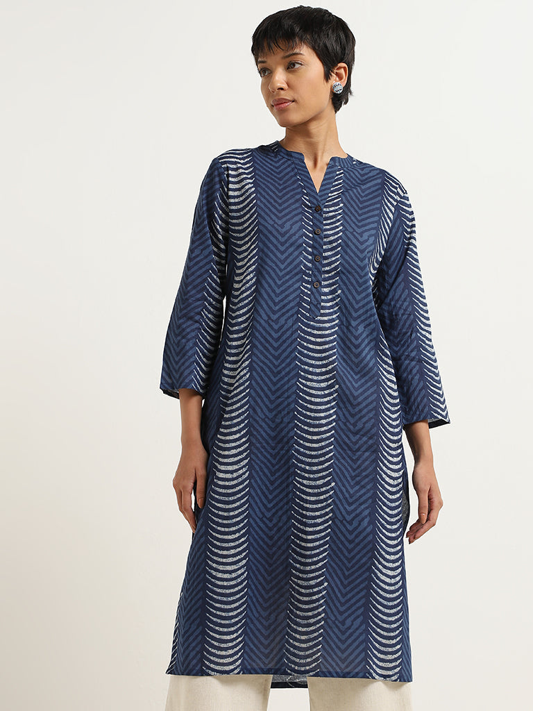 Utsa Indigo Chevron Printed Cotton Kurta