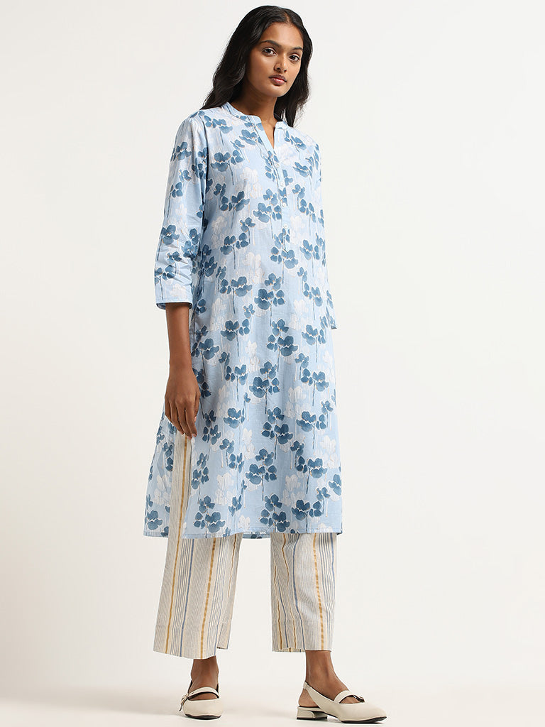 Utsa Blue Floral Cotton Kurta