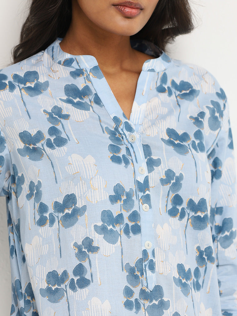 Utsa Blue Floral Cotton Kurta