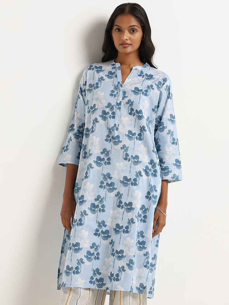 Utsa Blue Floral Cotton Kurta