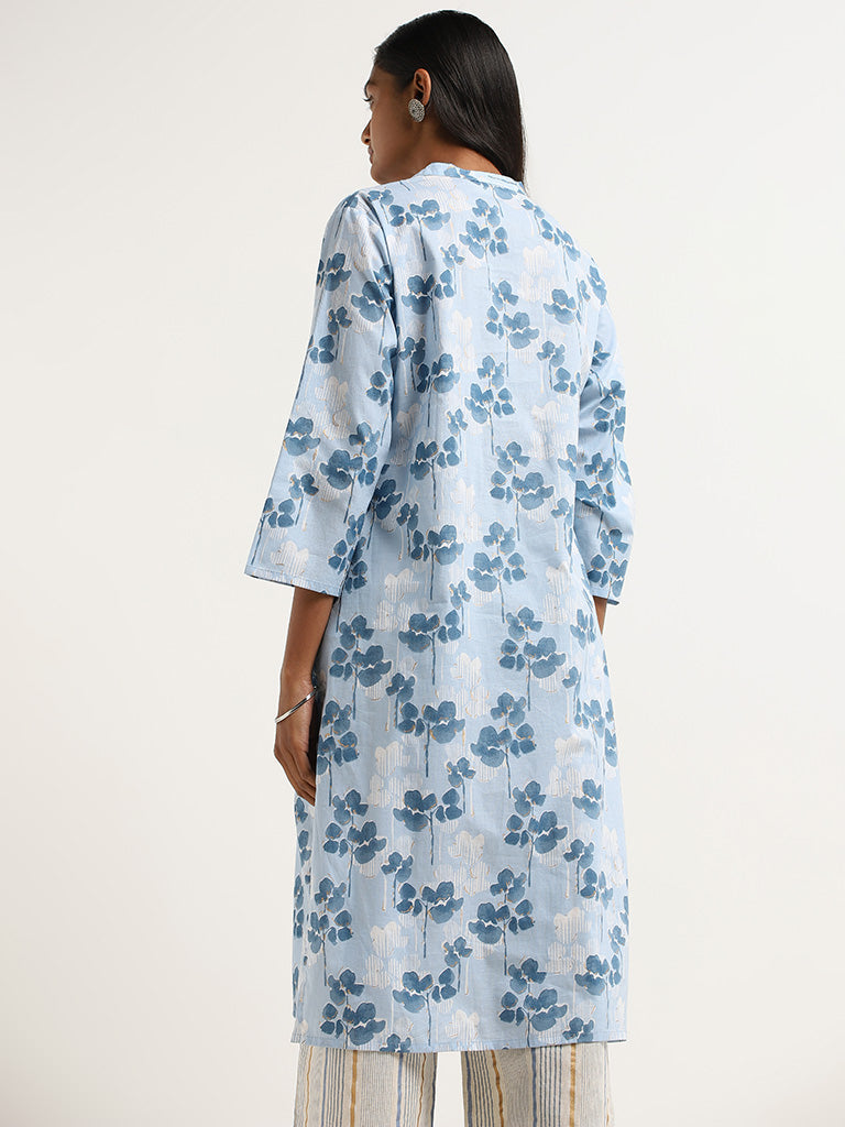 Utsa Blue Floral Cotton Kurta