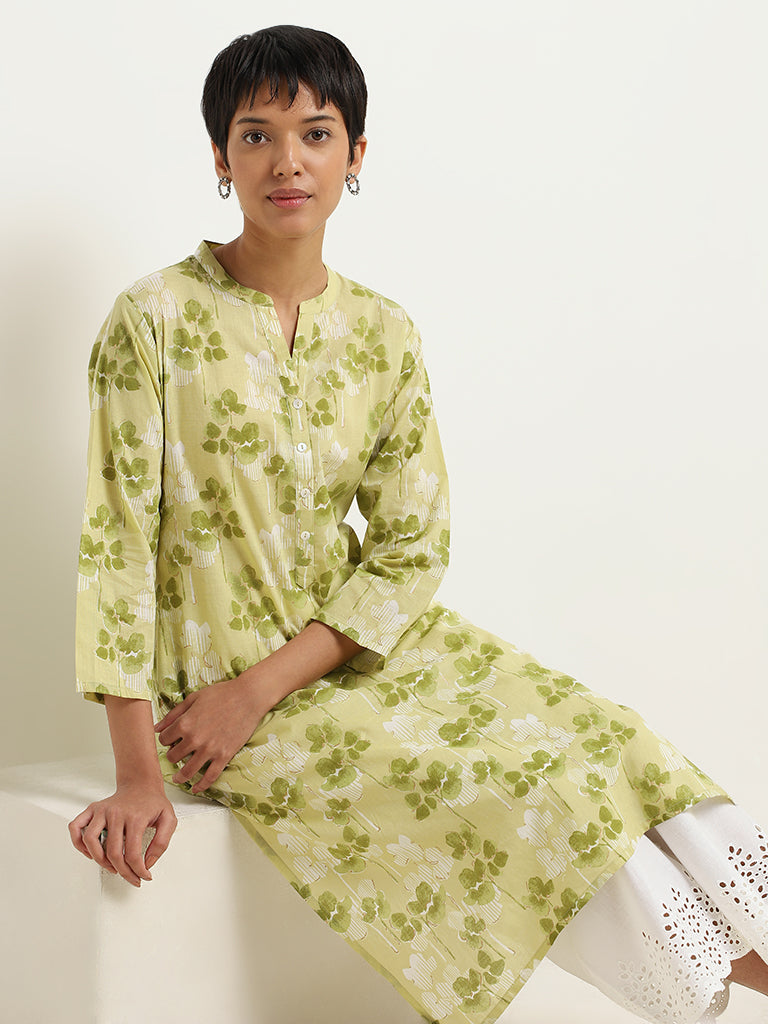 Utsa Green Water Lily Print Cotton Kurta