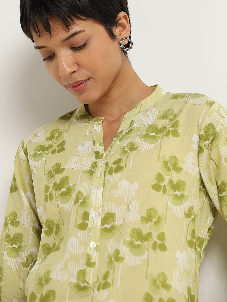 Utsa Green Water Lily Print Cotton Kurta