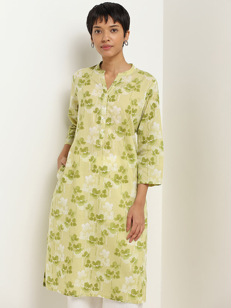 Utsa Green Water Lily Print Cotton Kurta