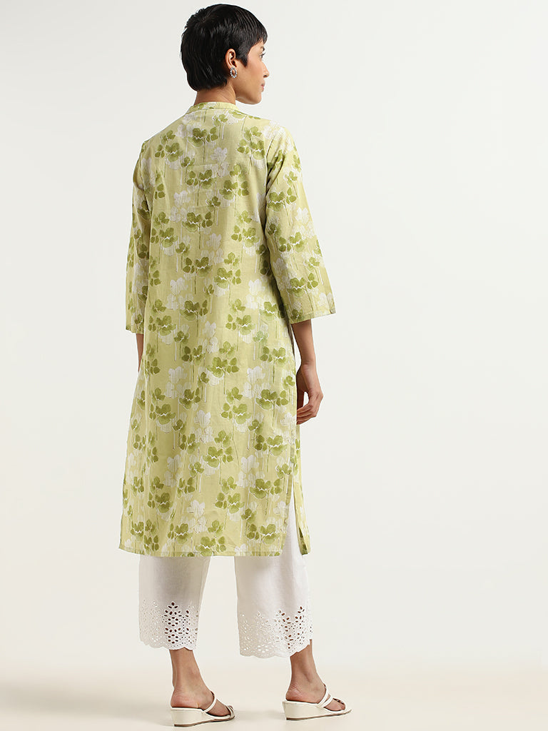 Utsa Green Water Lily Print Cotton Kurta