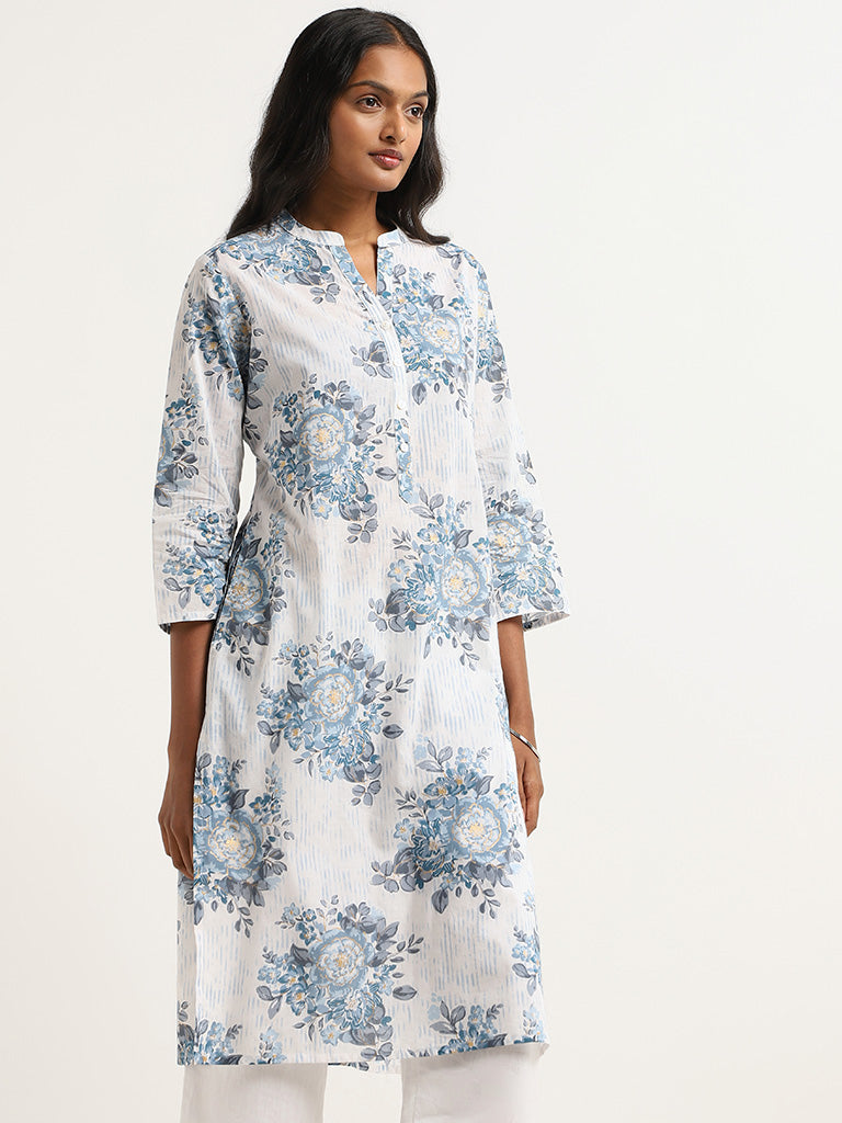 Utsa Blue Bold Floral Printed Cotton Kurta