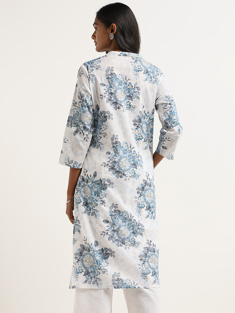 Utsa Blue Bold Floral Printed Cotton Kurta