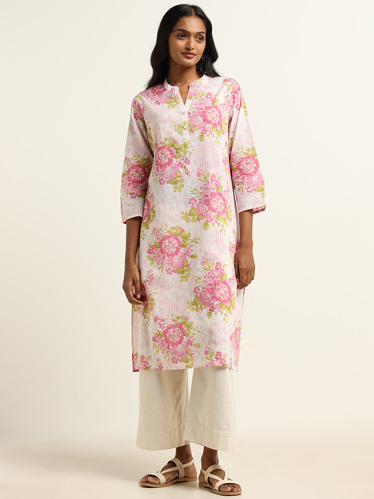 Utsa Pink Bold Floral Printed Cotton Kurta