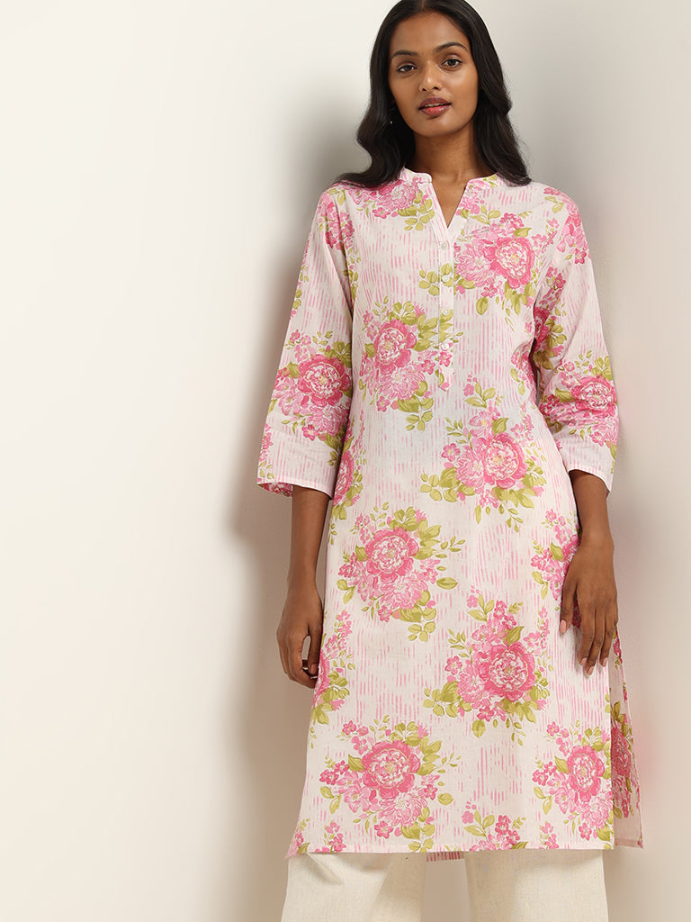 Utsa Pink Bold Floral Printed Cotton Kurta