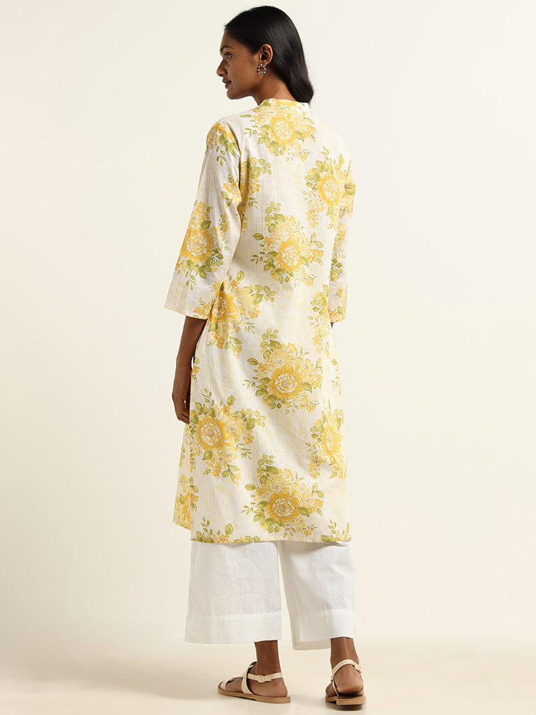 Utsa Yellow Bold Floral Printed Cotton Kurta