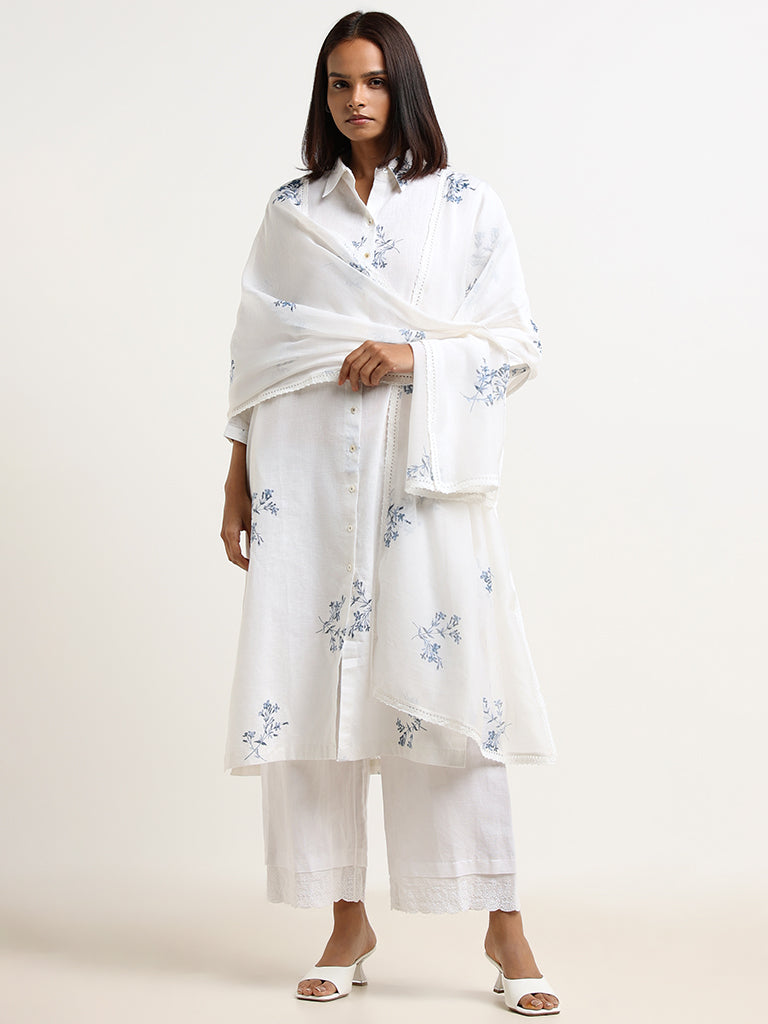 Zuba Blue Printed Cotton Dupatta