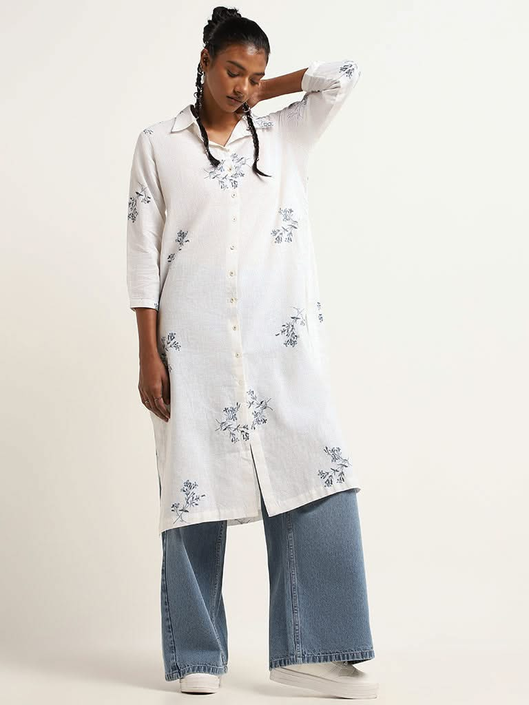 Zuba Blue Printed Cotton Collared Kurta