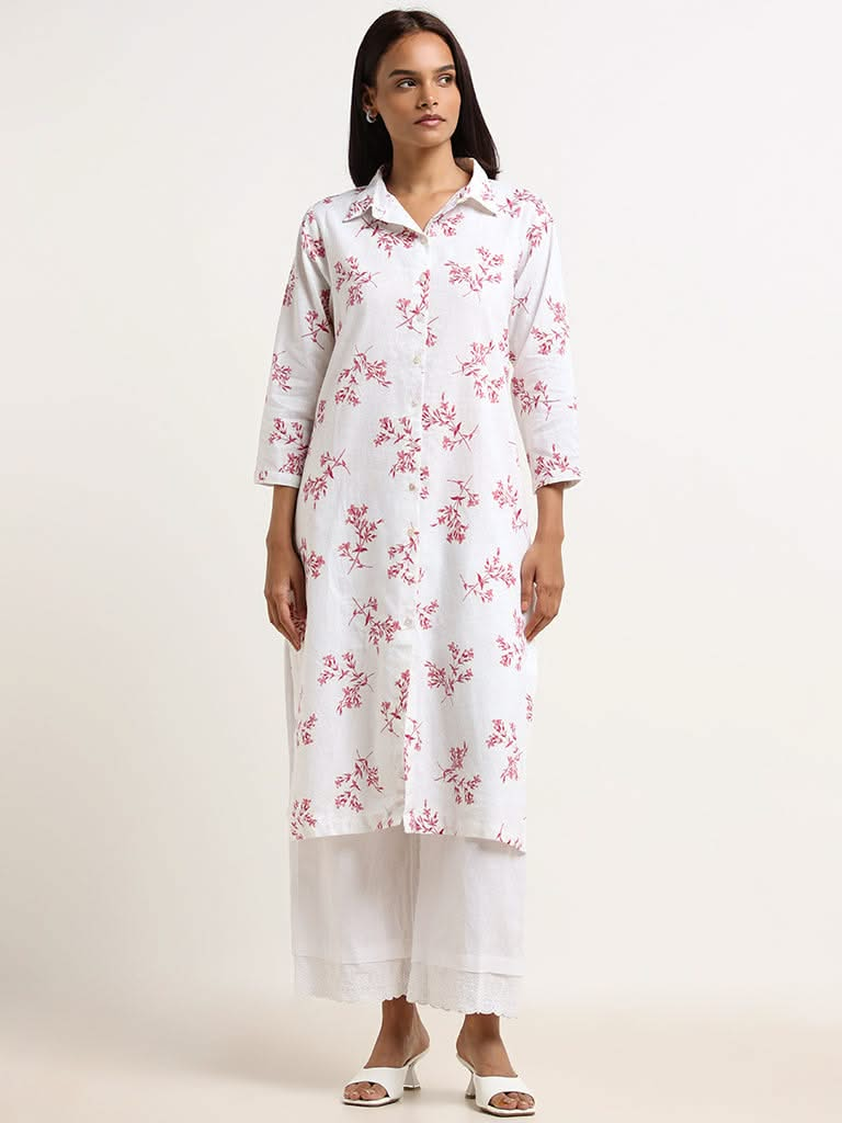 Zuba White Cotton Collared Kurta