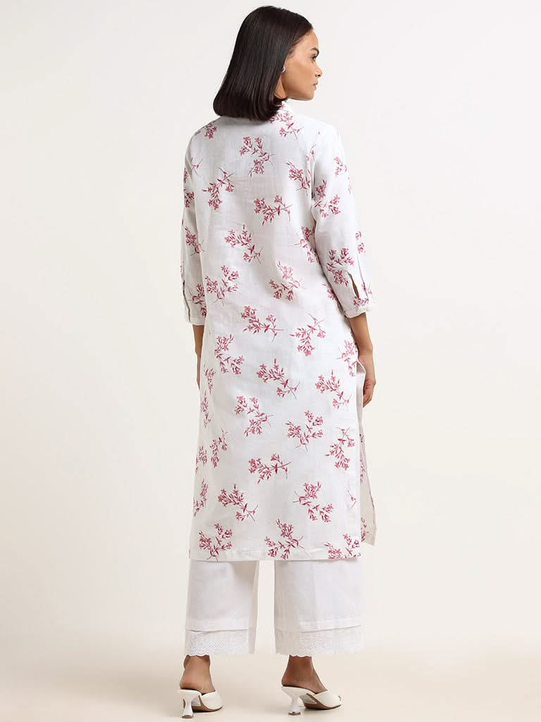 Zuba White Cotton Collared Kurta