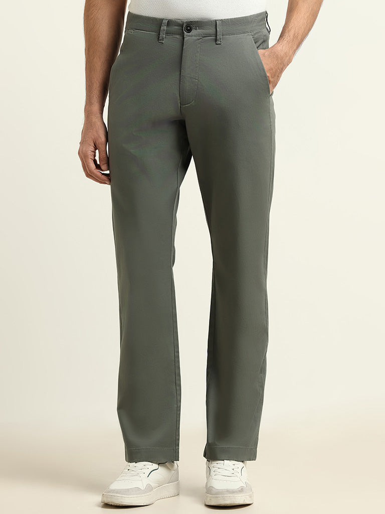 Ascot Green Plain Cotton Blend Relaxed Fit Chinos