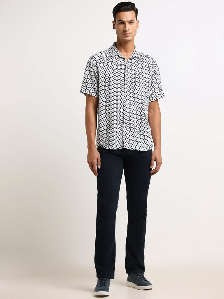 Ascot Navy Relaxed Fit Blended Linen Shirt