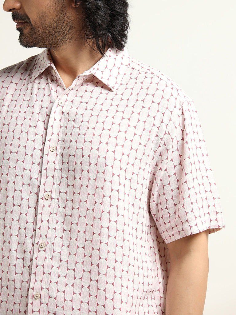 Ascot Pink Printed Relaxed Fit Blended Linen Shirt