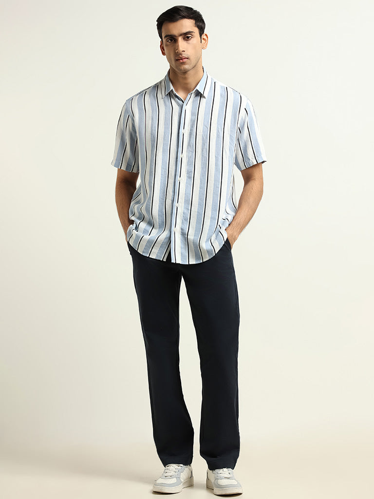 Ascot Blue Relaxed Fit Blended Linen Shirt