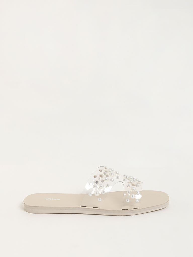 Yellow White Pearl Adorned Slip-On Sandals