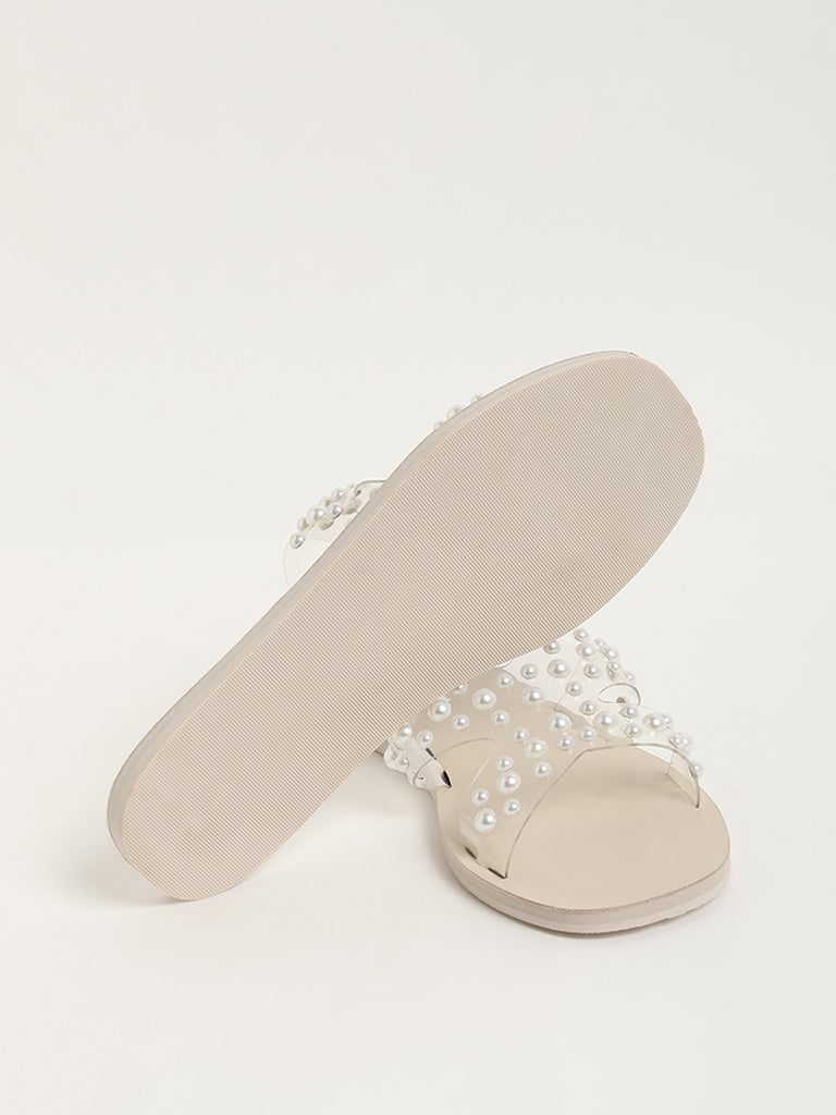 Yellow White Pearl Adorned Slip-On Sandals