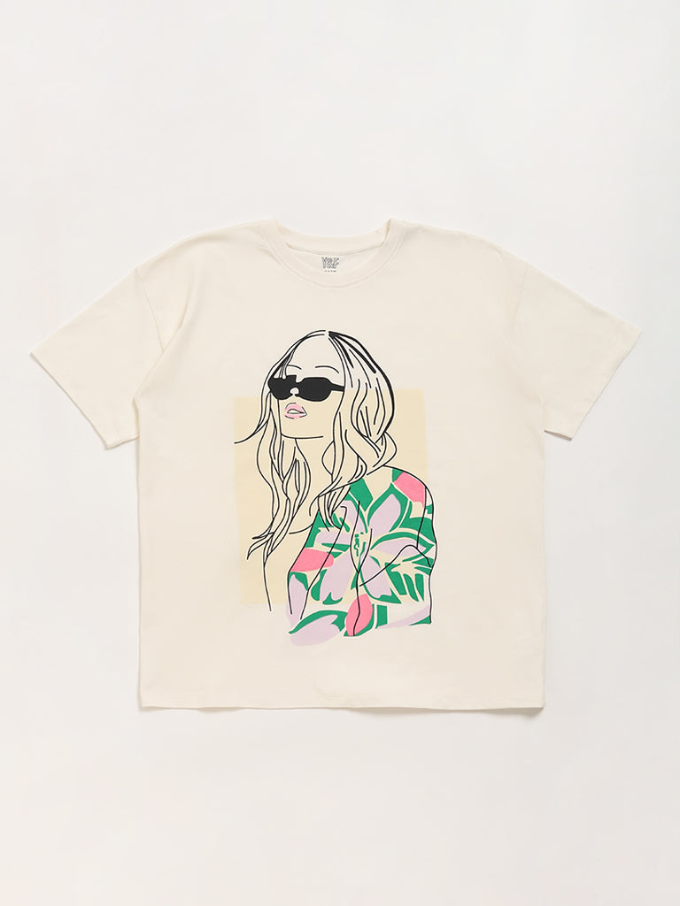 Y&F Kids Cream Printed T-Shirt