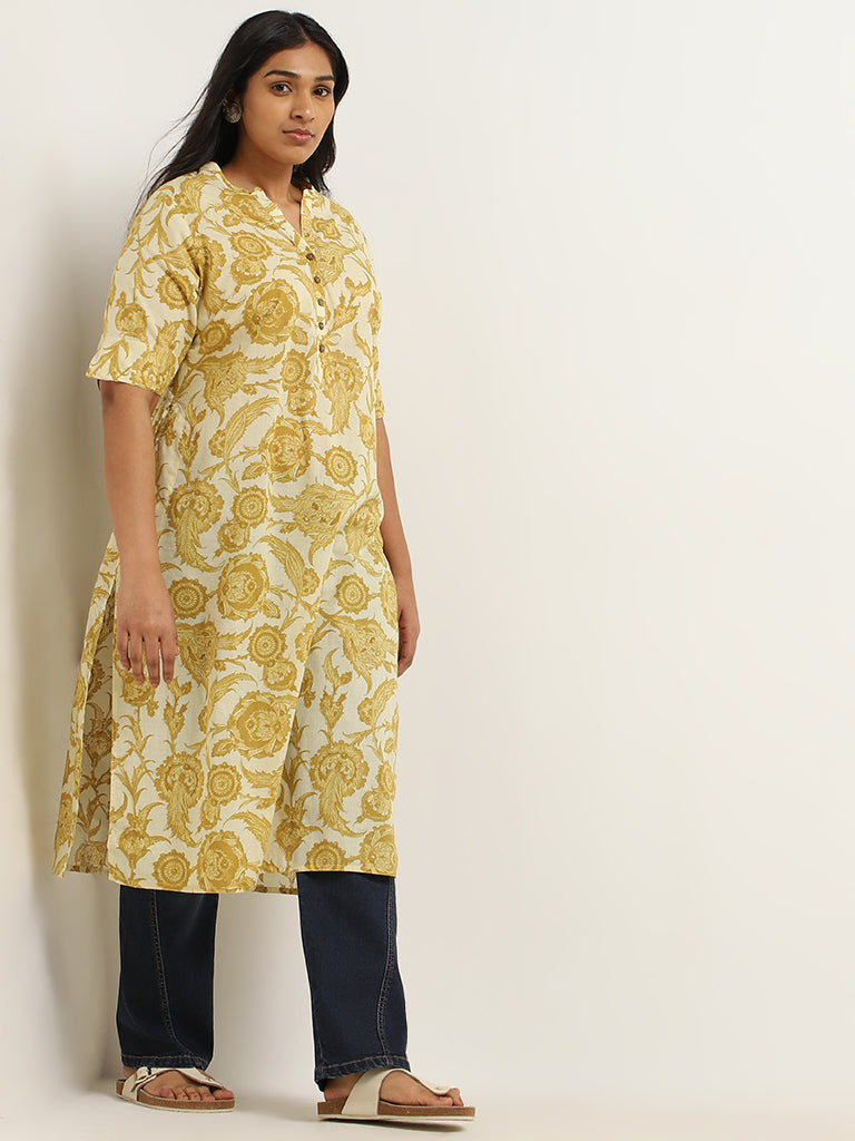 Diza Yellow Floral Jaal Printed Cotton Kurta