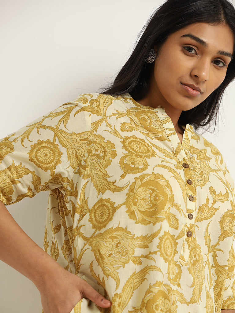 Diza Yellow Floral Jaal Printed Cotton Kurta