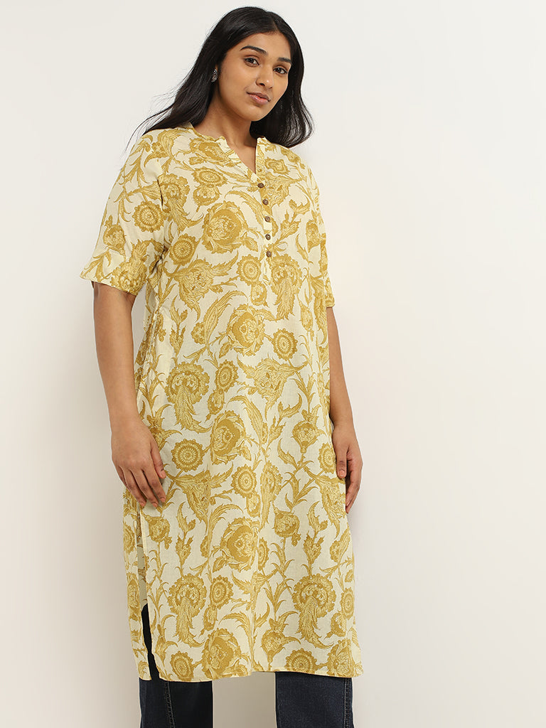 Diza Yellow Floral Jaal Printed Cotton Kurta