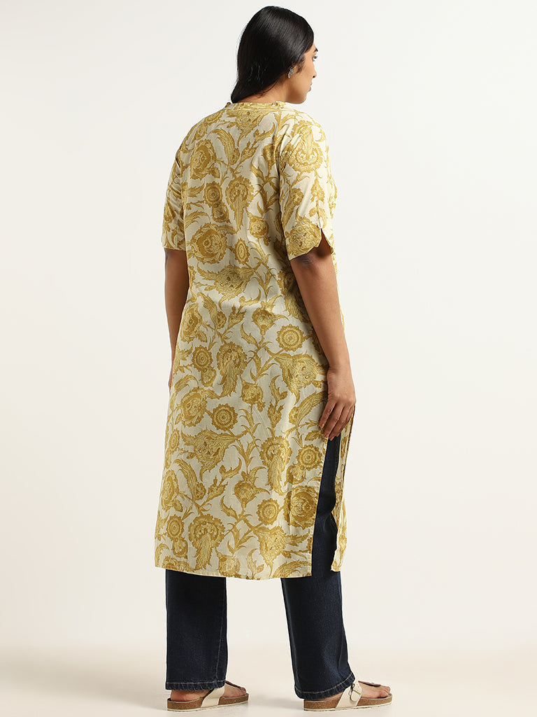 Diza Yellow Floral Jaal Printed Cotton Kurta