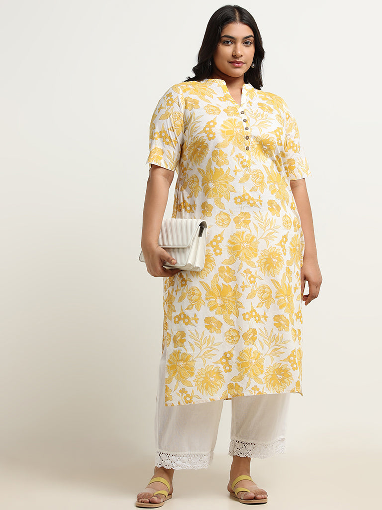 Diza Yellow Band Collar Cotton Kurta