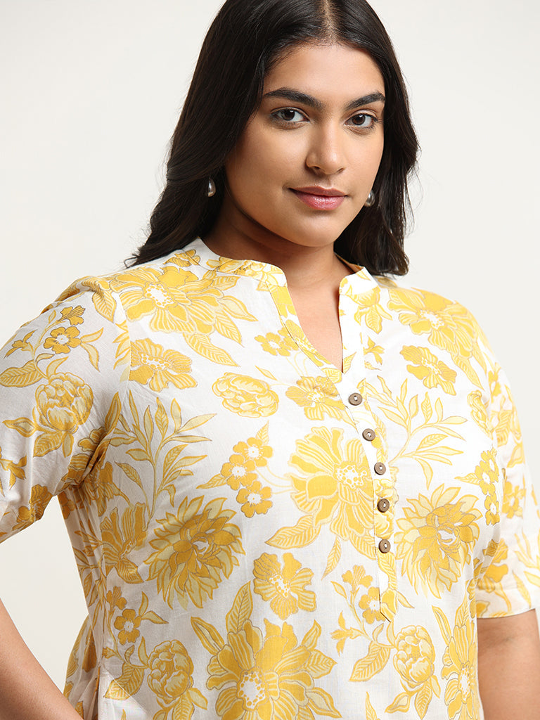 Diza Yellow Band Collar Cotton Kurta