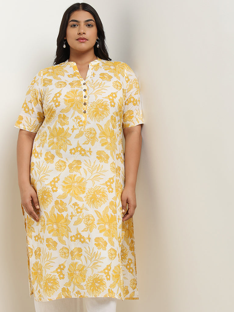 Diza Yellow Band Collar Cotton Kurta