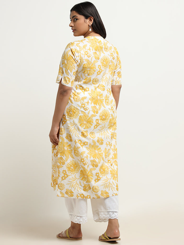 Diza Yellow Band Collar Cotton Kurta