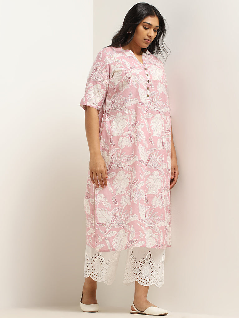 Diza Pink Leaf Printed Cotton Kurta