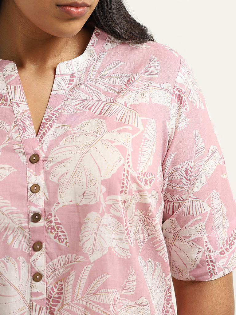 Diza Pink Leaf Printed Cotton Kurta