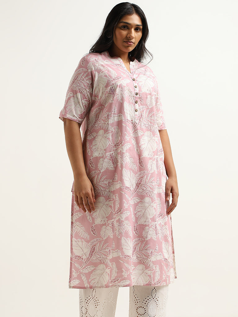 Diza Pink Leaf Printed Cotton Kurta