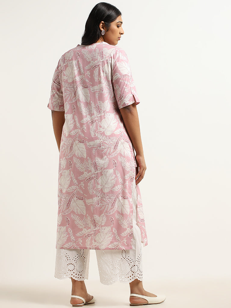 Diza Pink Leaf Printed Cotton Kurta