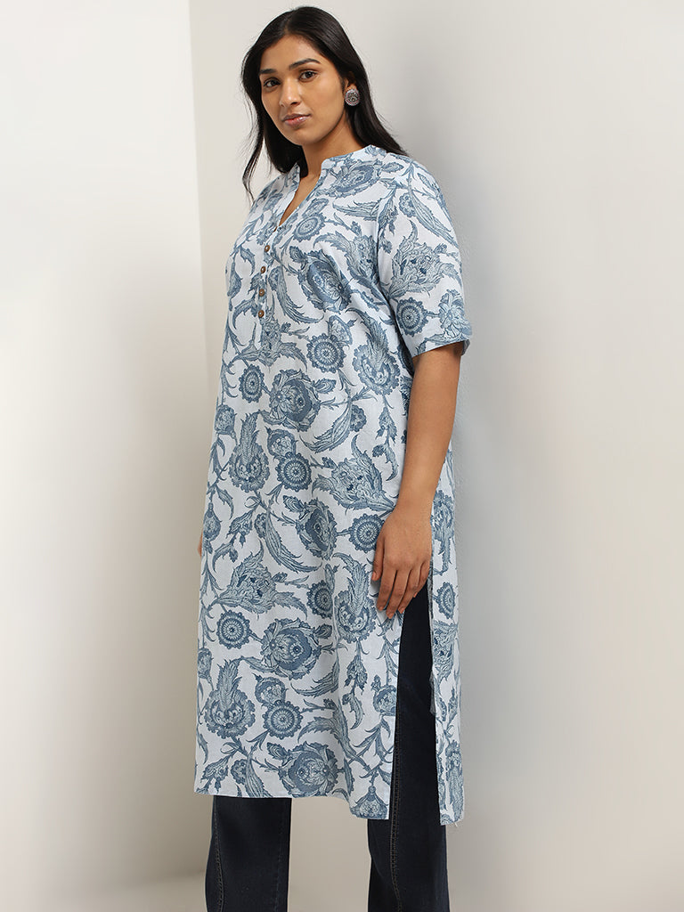 Diza Blue Floral Jaal Printed Cotton Kurta